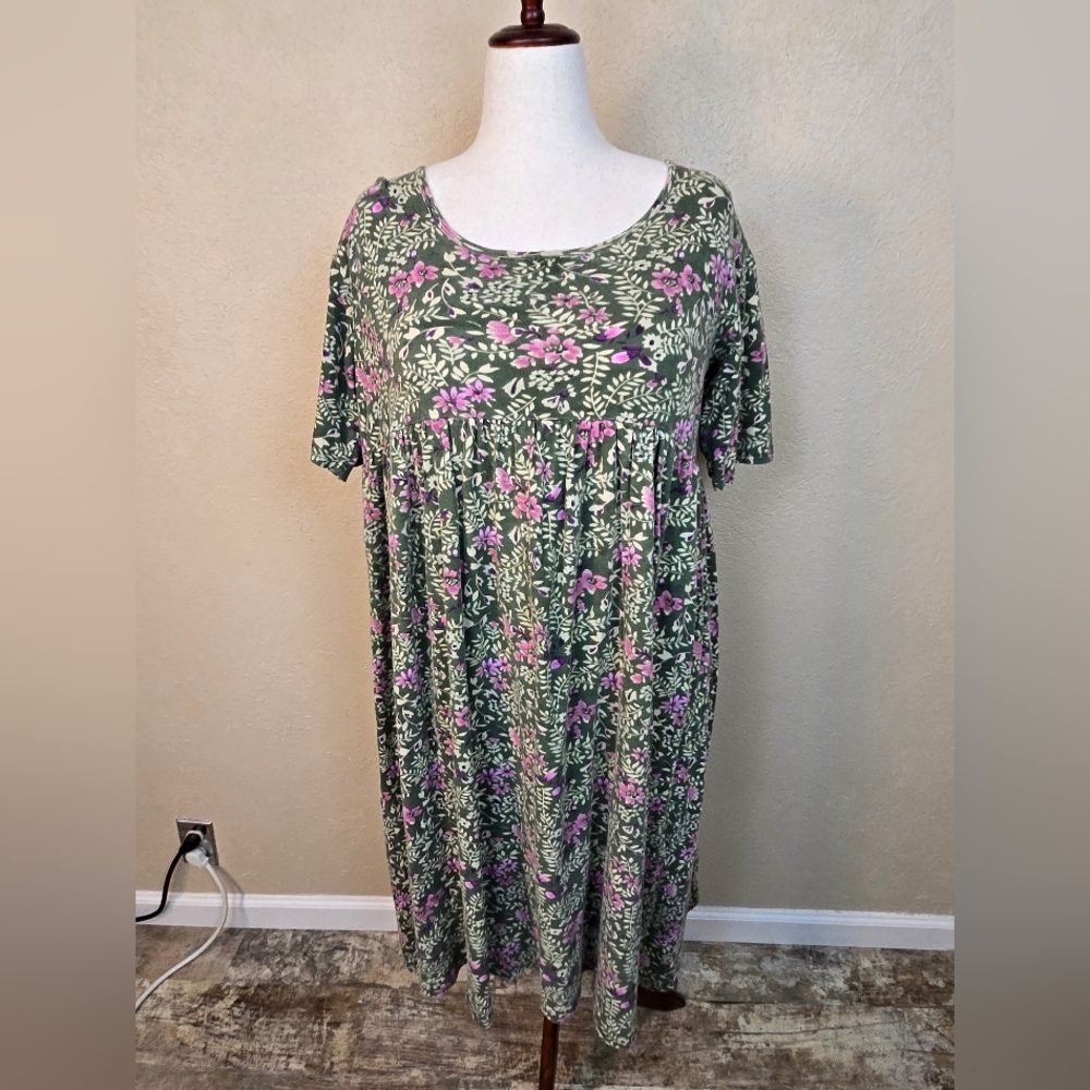 Ulla Popken Olive and Pink Floral Midi Dress Size 12/14 (8112)